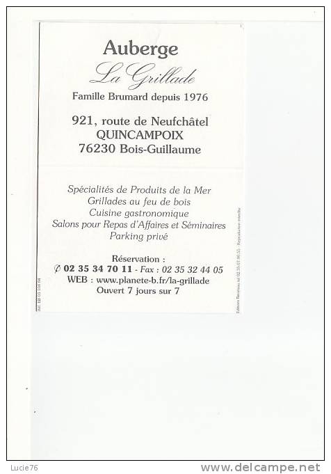 Plaquette   Publicitaire  Double   -     AUBERGE    -    LA GRILLADE  -  QUINCAMPOIX - Mignonettes