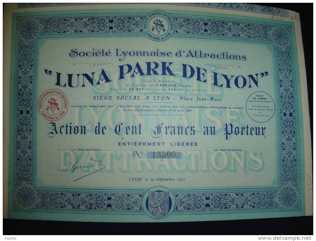 Action " Luna Park De Lyon " 1921 Excellent état,avec Tous Les Coupons. - Casino