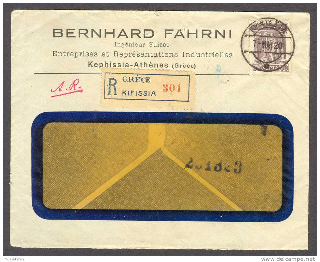 Greece BERNHARD FAHRNI Registered Recommandée Kephissia Kifissia Deluxe Cancel 1920 Cover To Bucaresti Rumania - Covers & Documents