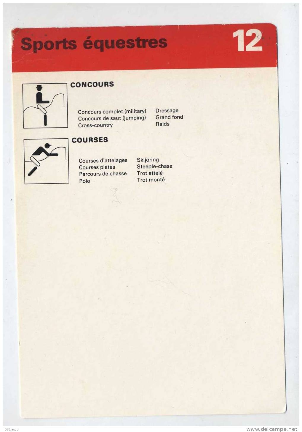 Fiche Pictogramme Sport Equestre  Course Concours - Equitation