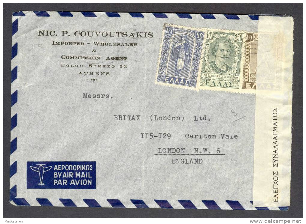 Greece By Airmail Par Avion NIC P. COUVOUTSAKIS Commercial Cover Controle Du Change Custums Opened To London England - Lettres & Documents