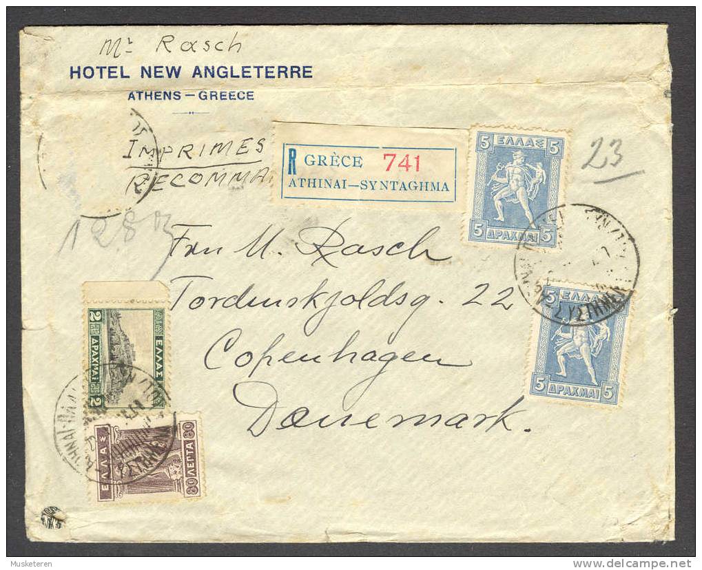 Greece Hotel New Angleterre Athens Registered Recommandée Athinai-Syntaghma 1934 Cover To Denmark - Covers & Documents