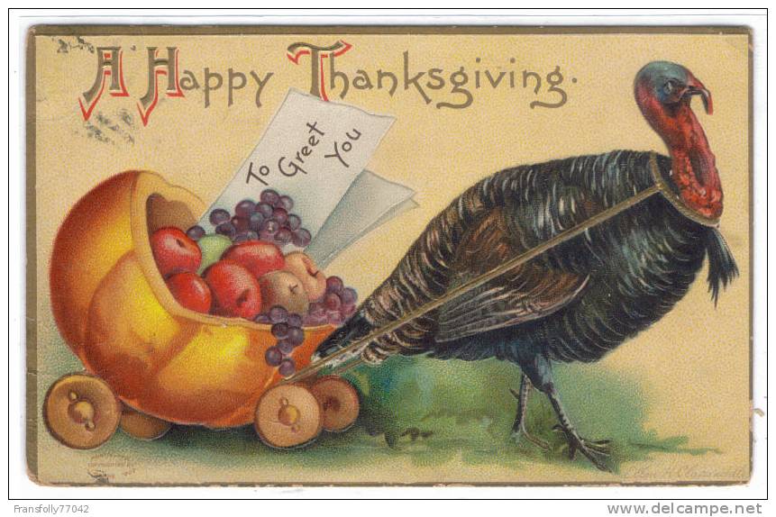 Illustrator -  ELLEN CLAPSADDLE Thanksgiving Greeting TURKEY PULLS PUMPKIN CART 1909 - Clapsaddle