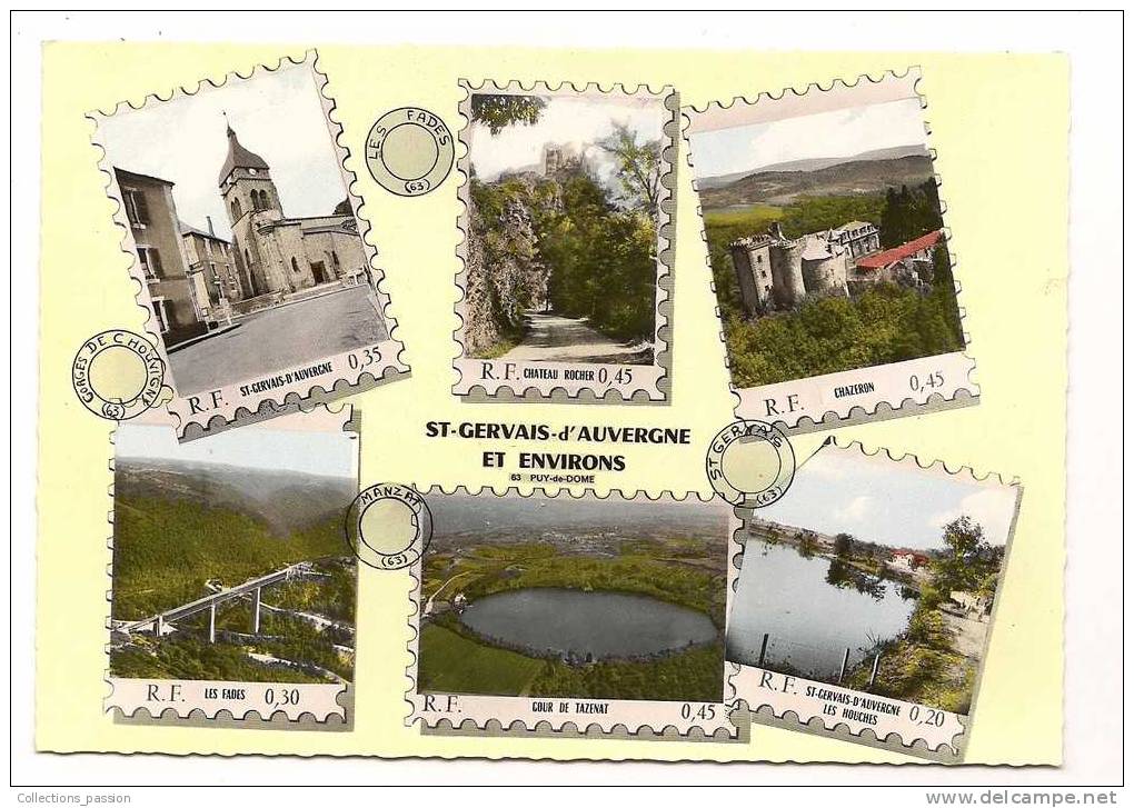 Cp , 63 , SAINT GERVAIS D'AUVERGNE Et Environs , Multi Vues , Timbres (représentation) - Stamps (pictures)