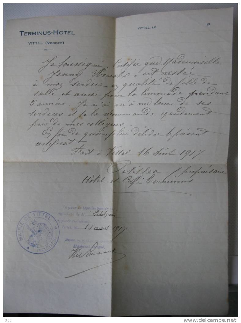 Vittel Hotel Terminus  Certificat De Travail De Jenny Houot - 1917-(Courrier à Entête ) - Sport En Toerisme