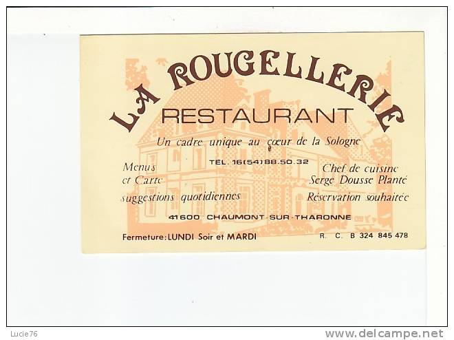 CARTE   PUBLICITAIRE  -   RESTAURANT -   LA ROUGELLERIE  -  Chaumont Sur Tharonne    -  41 - Mignonnettes
