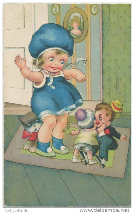 CHILDREN, DOLLS, Little Girl With Cat Watches Dolls Fight!! By Margret Borris, EX Cond. PC, Mailed 1931 - Boriss, Margret