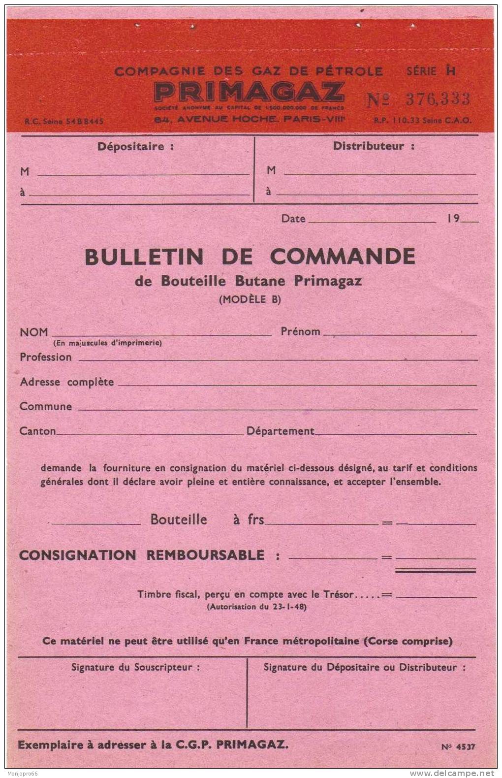 Bulletin De Commande Vierge De La Compagnie Des Gaz De Pétroles PRIMAGAZ De Paris - Non Classés