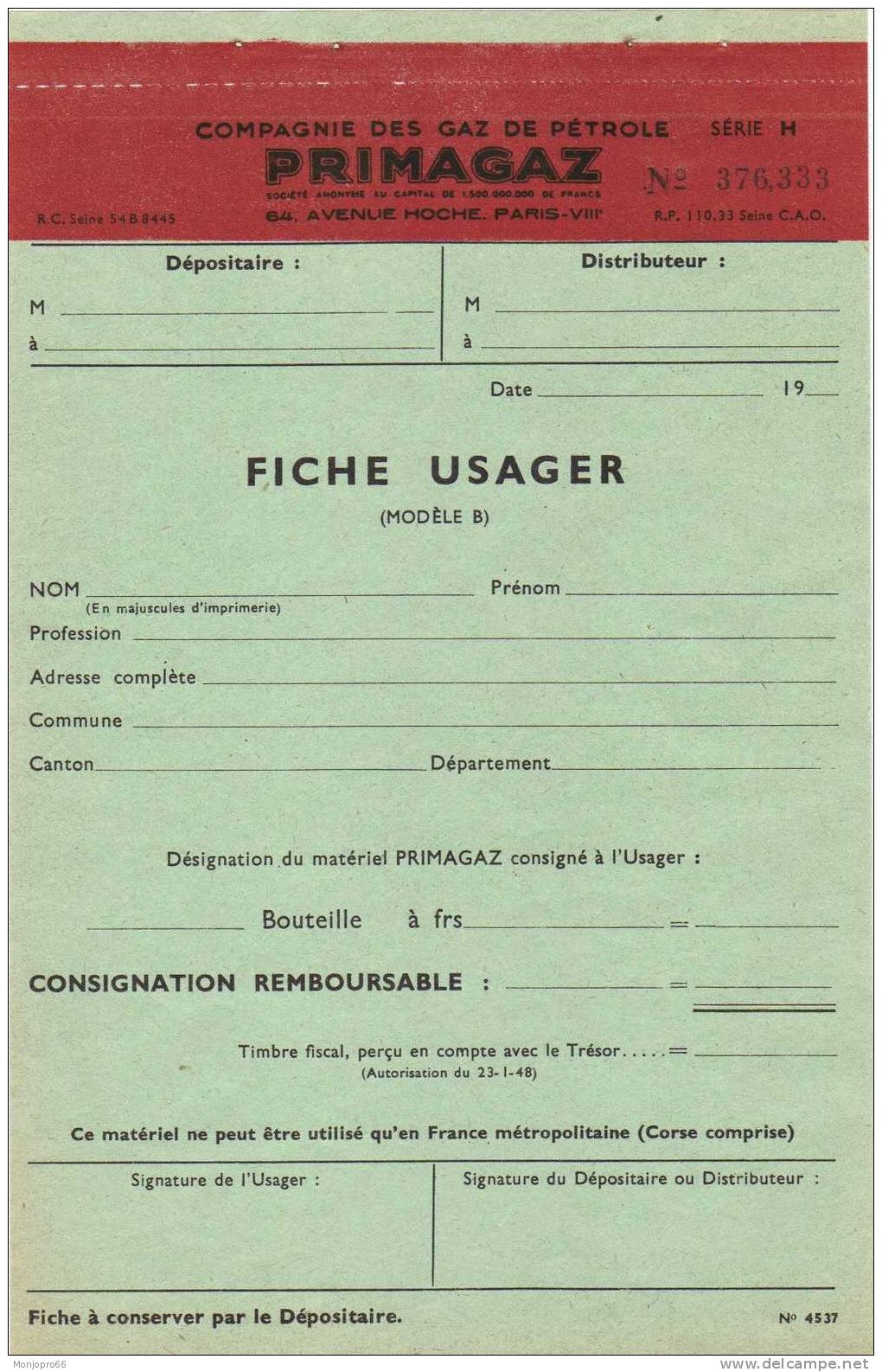Fiche Usager Vierge De La Compagnie Des Gaz De Pétroles PRIMAGAZ De Paris - Non Classés