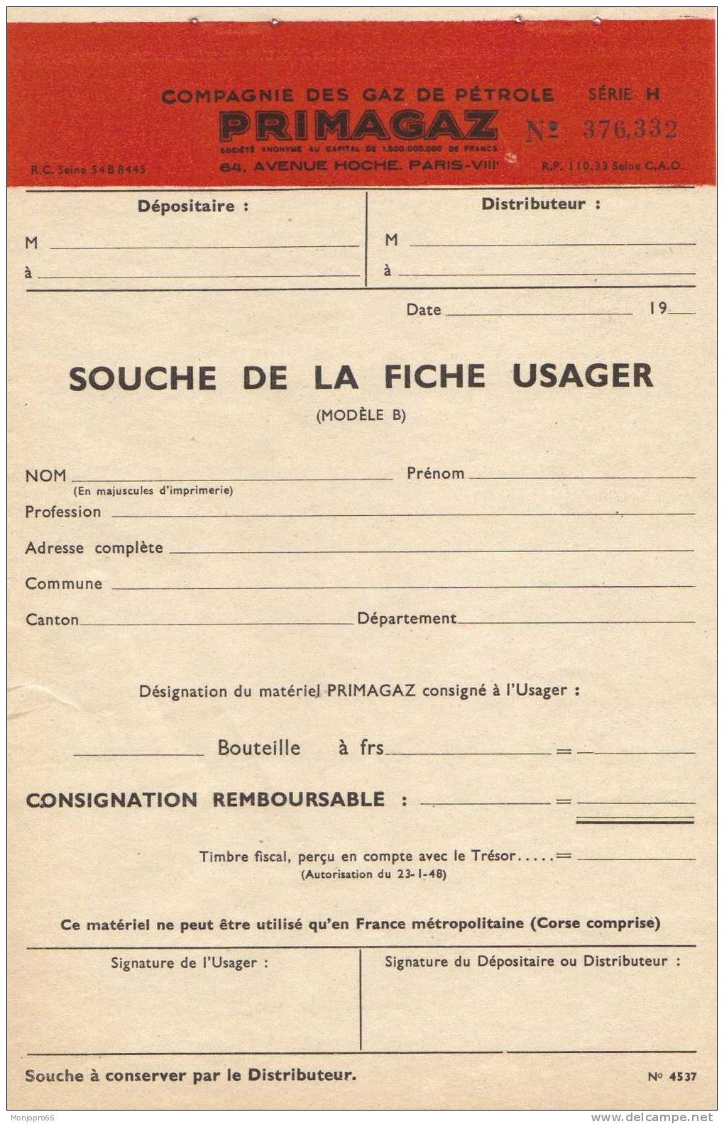 Souche De La Fiche Usager Vierge De La Compagnie Des Gaz De Pétroles PRIMAGAZ De Paris - Non Classés