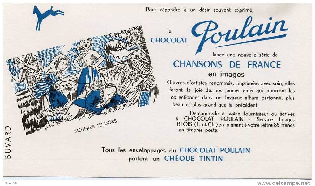 Buvard - Chocolats POULAIN - Chanson De France - Meunier Tu Dors - Alimentare