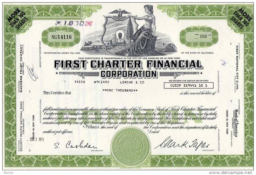 First Charter Financial Corp. USA 1971 Feinst 1000 Shares - Bank & Insurance