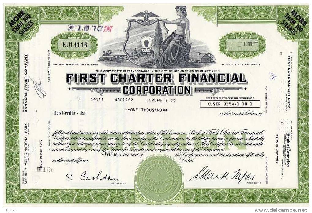 USA 1971 First Charter Financial Corp. Feinst 1000 Shares Nach Suppes Wertpapierkatalog Feinst - A - C