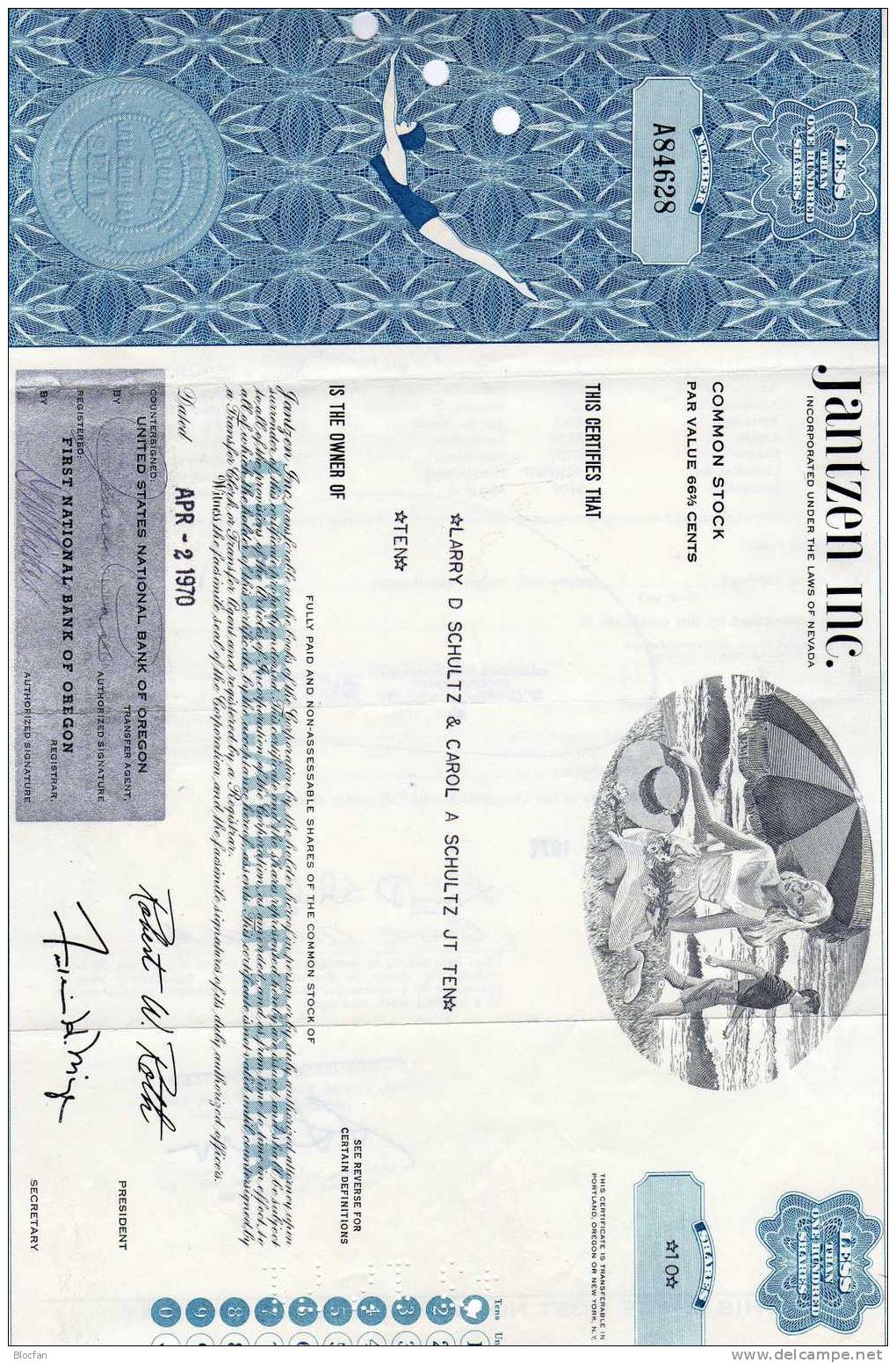 USA 1970 Jantzen INC.Laws Of Nevada Feinst 2 Shares Wertpapier Entwertet US-Aktie Hoher Sammler-Wert Nach Suppes-Katalog - J - L