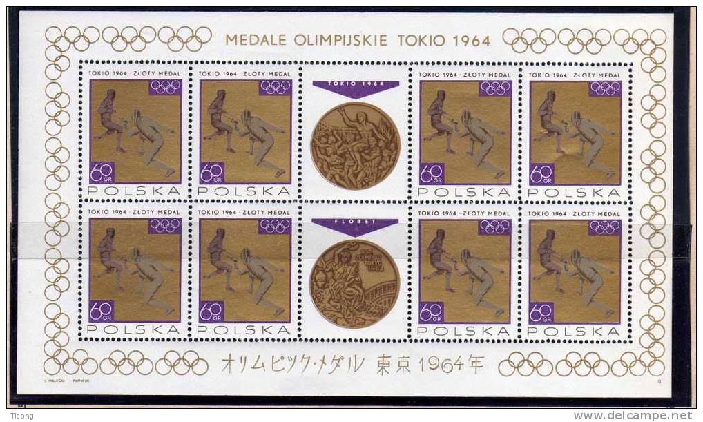 JEUX OLYMPIQUES DE TOKYO 1964, SERIE DES FEUILLETS DE 1965 MEDAILLES POLONAISES , BOXE, ESCRIME, VOLLEY BALL.....