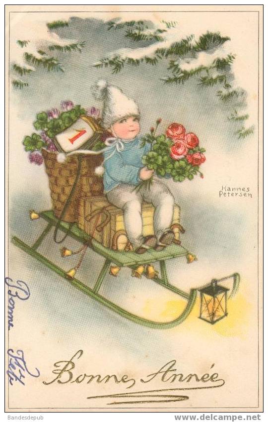 Très Jolie Carte Illustrée Signée Petersen  Thème Enfant Hiver Neige Luge Bonne Année Lanterne Chiffre 1 Clochettes - Petersen, Hannes