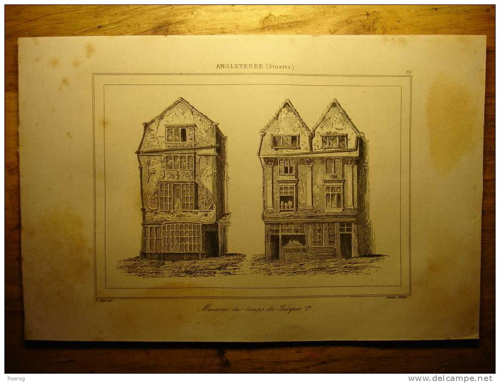 GRAVURE 1842 - ANGLETERRE (STUARTS) - MAISONS DU TEMPS DE JACQUES 1er - ENGLAND (STUARTS) 1842 PRINT - Collections