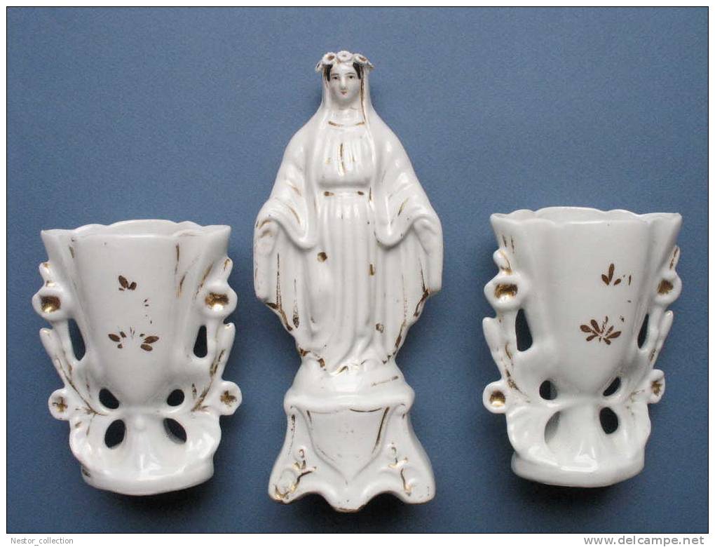 Vierge Et 2 Vases D'église Porcelaine Paris - Autres & Non Classés