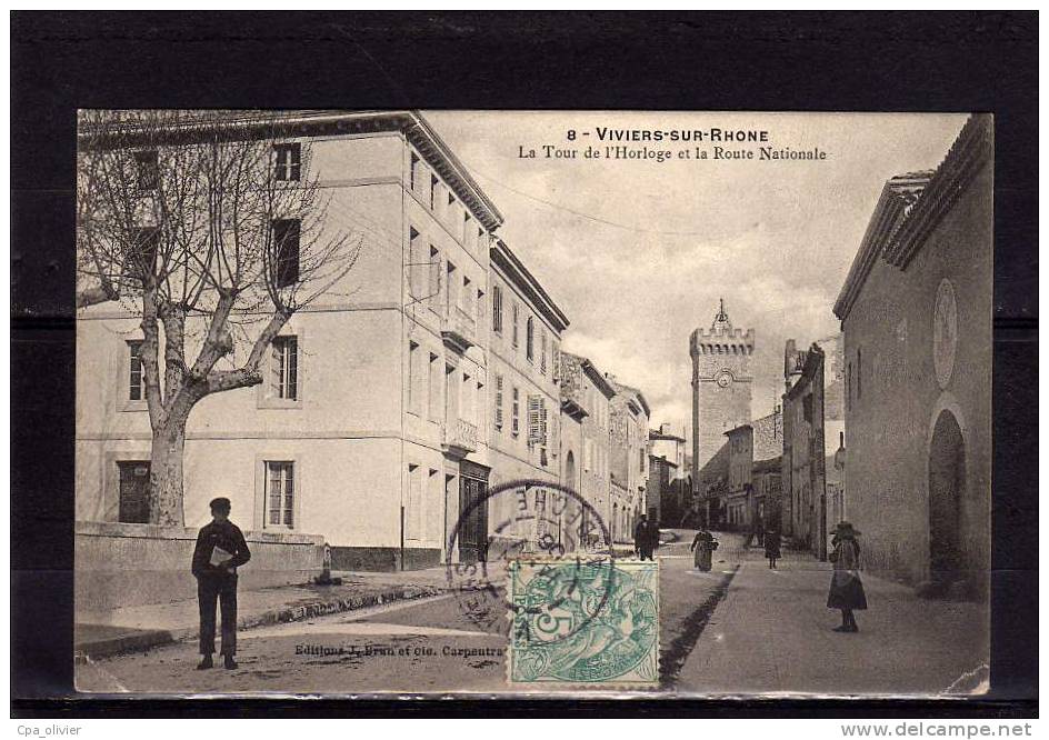 07 VIVIERS Tour De L'Horloge, Route Nationale, Animée, Ed Brun 8, 1906 - Viviers