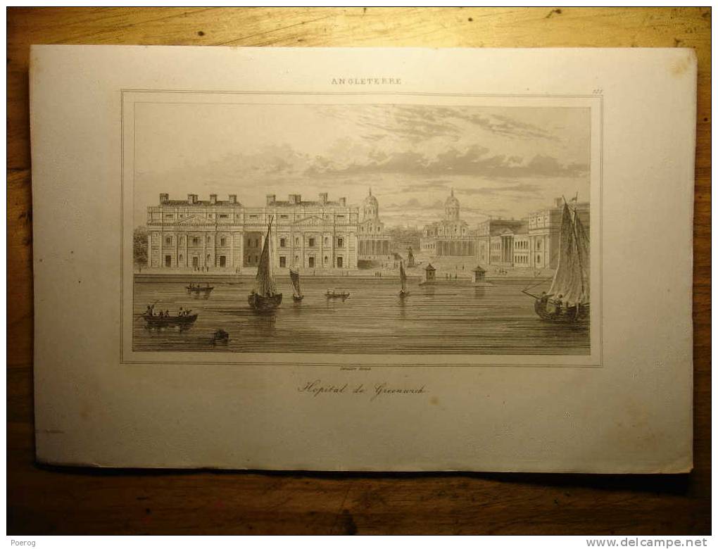 GRAVURE 1842 - ANGLETERRE - HOPITAL DE GREENWICH HOSPITAL - ENGLAND - 1842 ENGRAVING - Collections