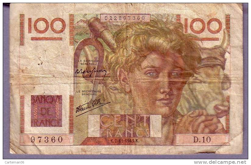 Billet - 100 Francs Jeune Paysan - 7.11.1945.K -N° D.10 - 100 F 1945-1954 ''Jeune Paysan''