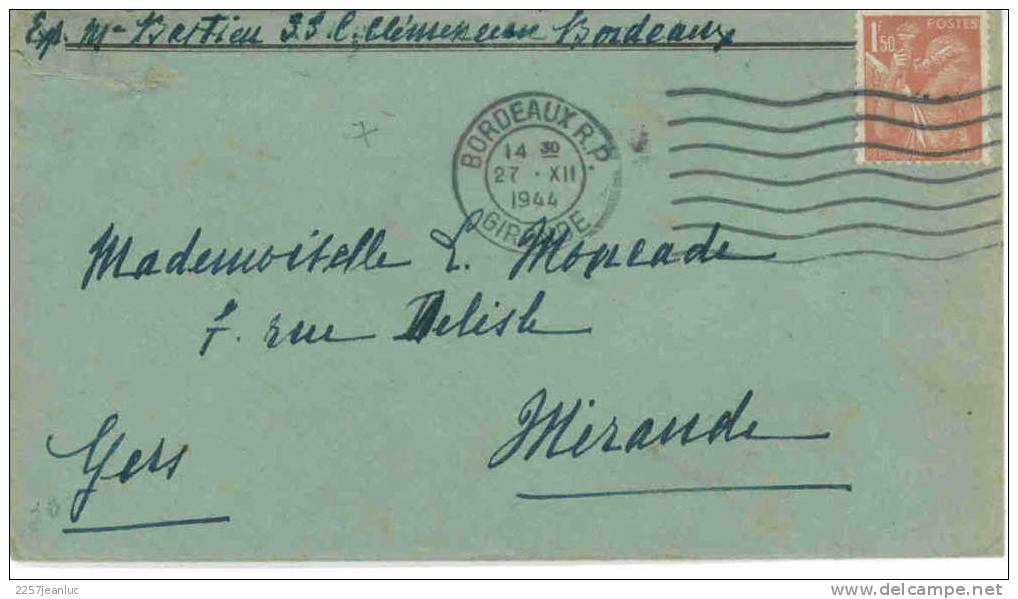 Lettre Bordeaux Rp 27/12/1944 - Storia Postale