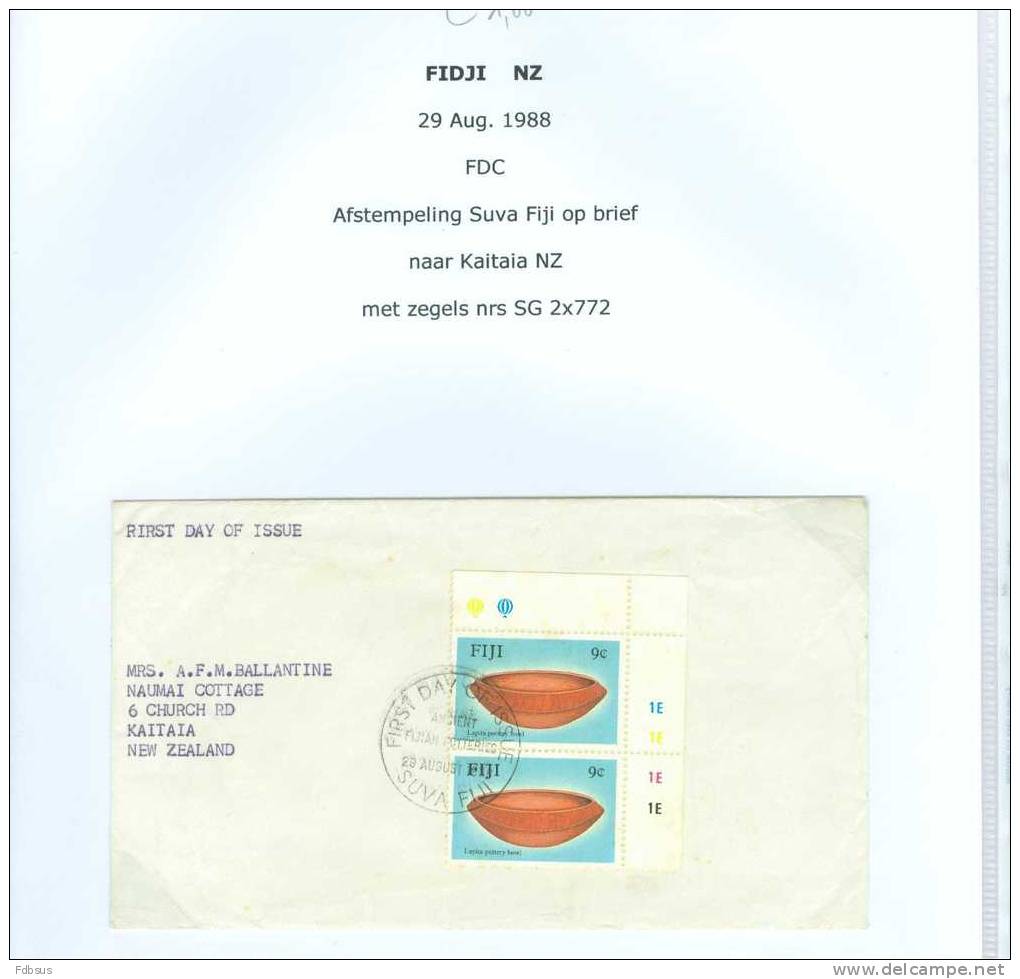 29 AUG 1988 FDC FROM SUVA TO KAITAIA NZ SG 2X772 - ANCIENT POTTERIES - Fidji (1970-...)