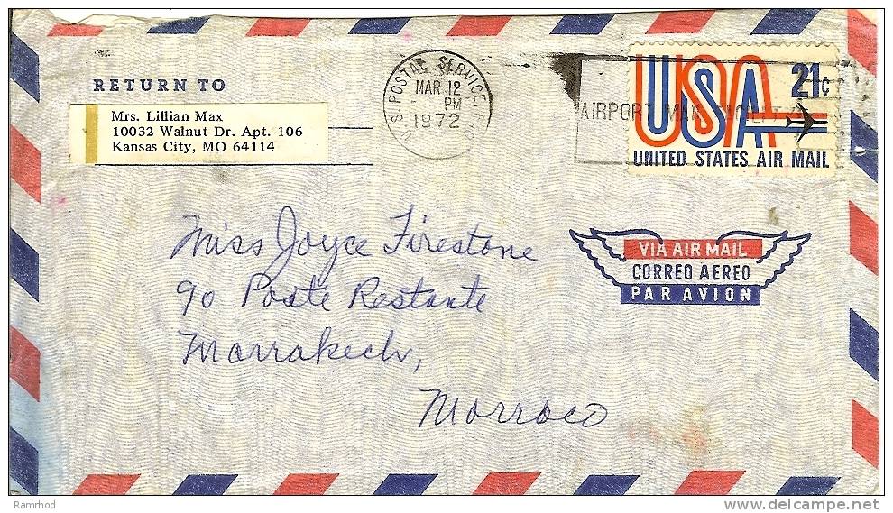 USA 1972 AIRMAIL TO MOROCCO. UNDERPAID WITH POSTAGE DUE STAMP (2 SCANS) - Lettres & Documents