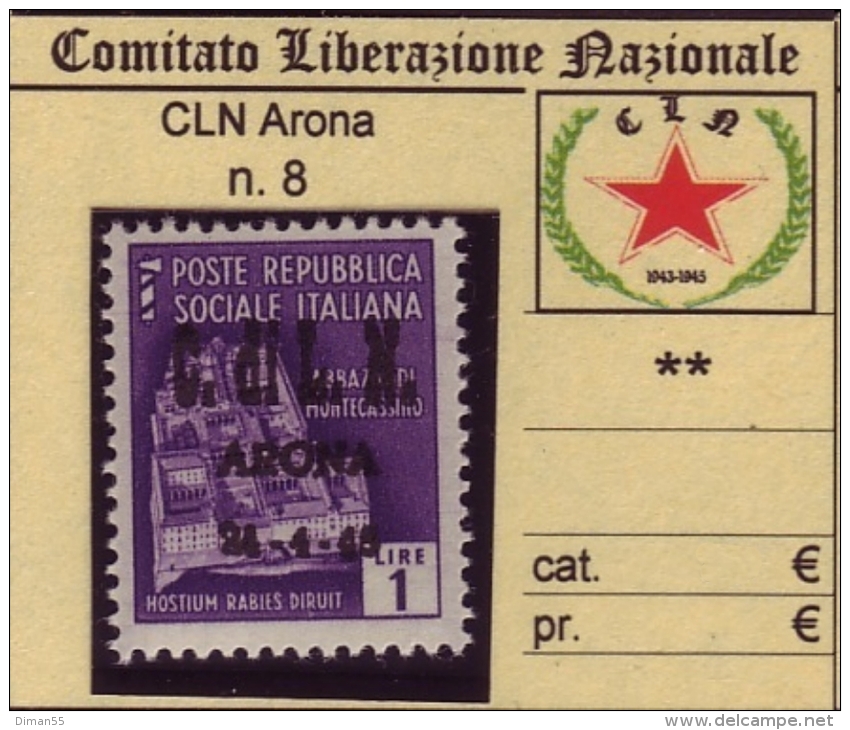 ITALY - CLN ARONA - N.8 - Cv 75 Euro - GOMMA INTEGRA - MNH**- LUXUS POSTFRISCH - Neufs