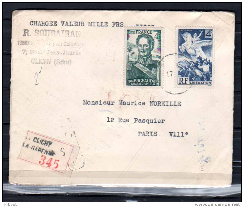 1944, Lettre Chargée 1000F   Bugeaud Et La Victoire, Cachetée, N° 662 Et 669 - Storia Postale