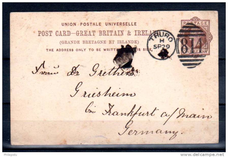 GB     TRURO 29 Sept 1885, Entier Carte Postale   For Germany  Postal Stationary  Cancel 814 - Brieven En Documenten