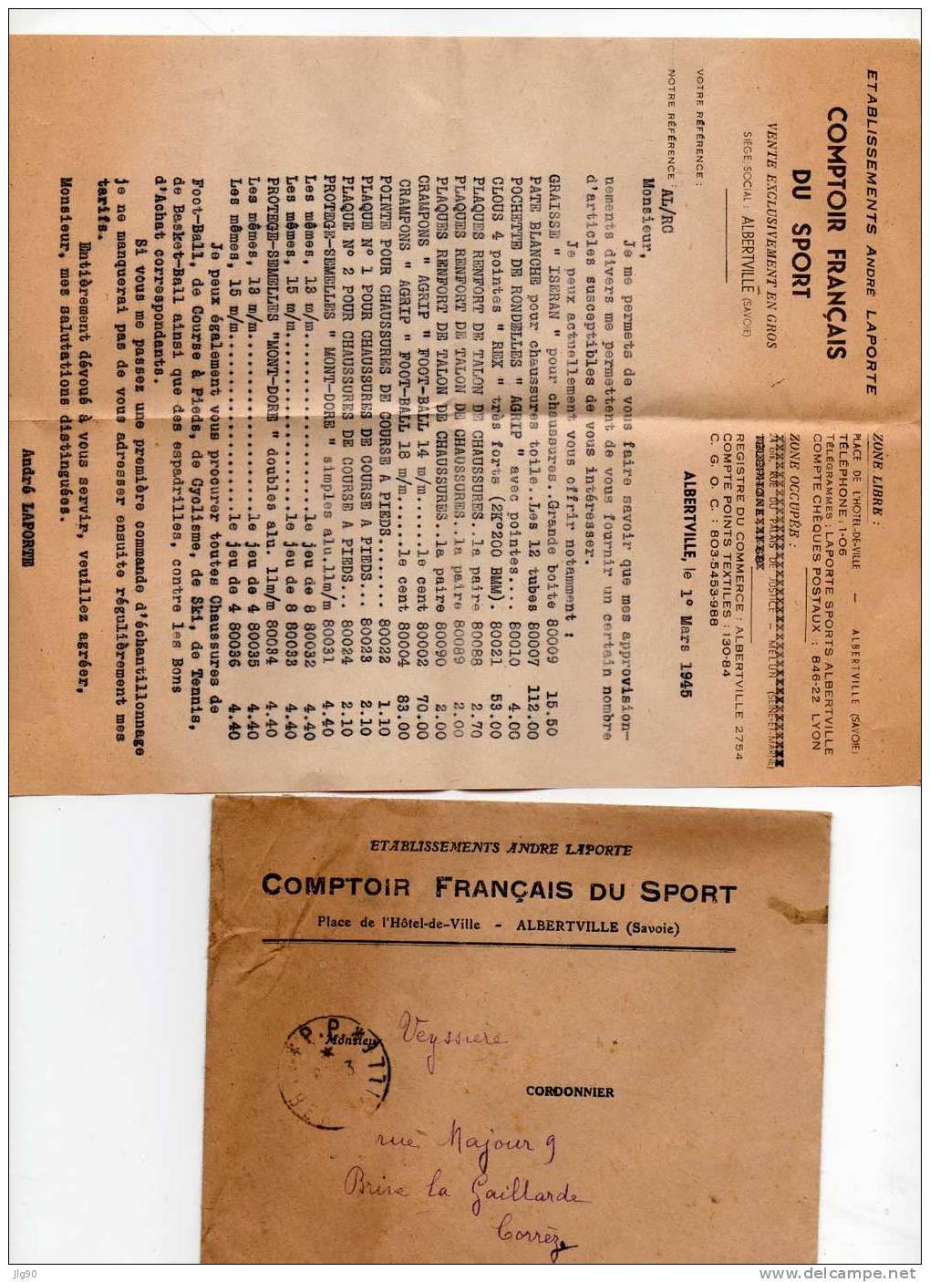 Lettre Comptoir Français Du Sport André LAPORTE Alberville à Brives 1/03/1945 - Lettres & Documents