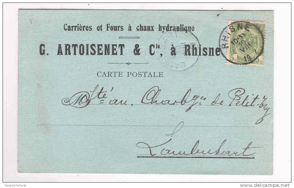 Carte Privée TP 83 RHISNE 1912 Vers LAMBUSART - Entete Carrières Et Fours à Chaux Artoisenet  -- B3/556 - 1893-1907 Armoiries