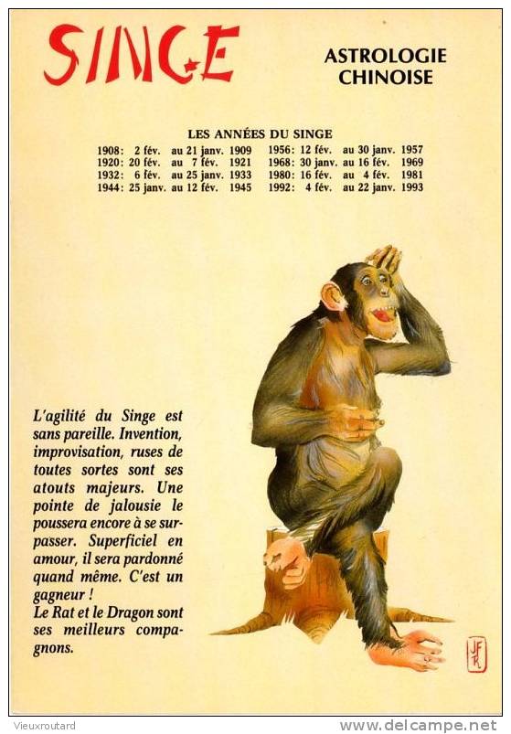 CPSM. ASTROLOGIE CHINOISE.  LE SINGE. TEXTE LI CHING. ILLUSTRATION ORIGINALE J.F.R. - Astrology