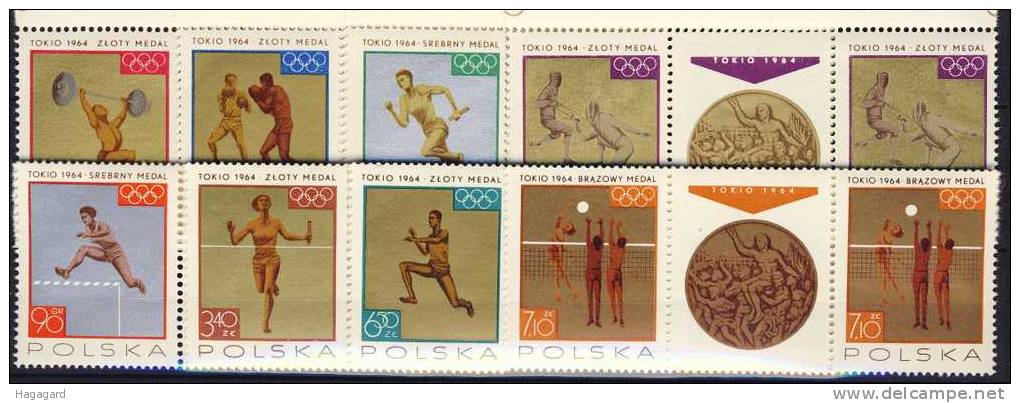 #GG14. Poland 1965. Olympic Games Medals. Stripes Of 3. Michel 1623-30ZF. MNH(**) - Neufs