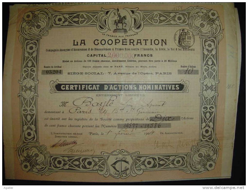 Certificat D'action " La Coopération " (Sté D'assurance) Paris 1904 Bon état,reste Des Coupons. - Banco & Caja De Ahorros