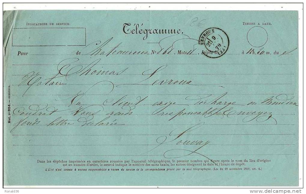 Télégramme De CHATEAUROUX à  LEVROUX 36 Indre , Cachet Du 25 Septembre 1879 ( Timbre A Date ) Mod N° 324 OBERTHUR - Telegraph And Telephone