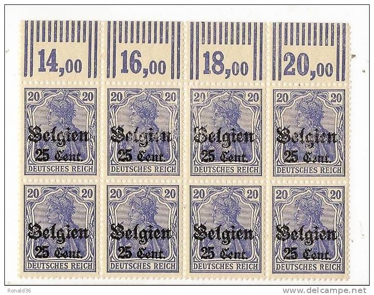 Bloc De Timbres Belge Occupation Allemande 20 C Deutsches Reich Bleu  ( Lot De  8 Plus Marge ) Surchargés - WW II (Covers & Documents)