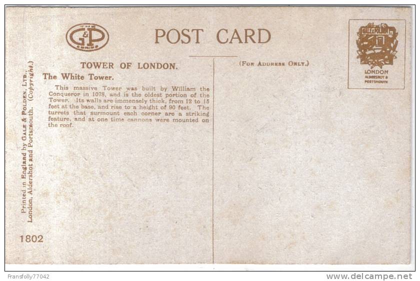 LONDON ENGLAND, U.K. Tower Of London WHITE TOWER Buckboards CIRCA 1908 - Tower Of London