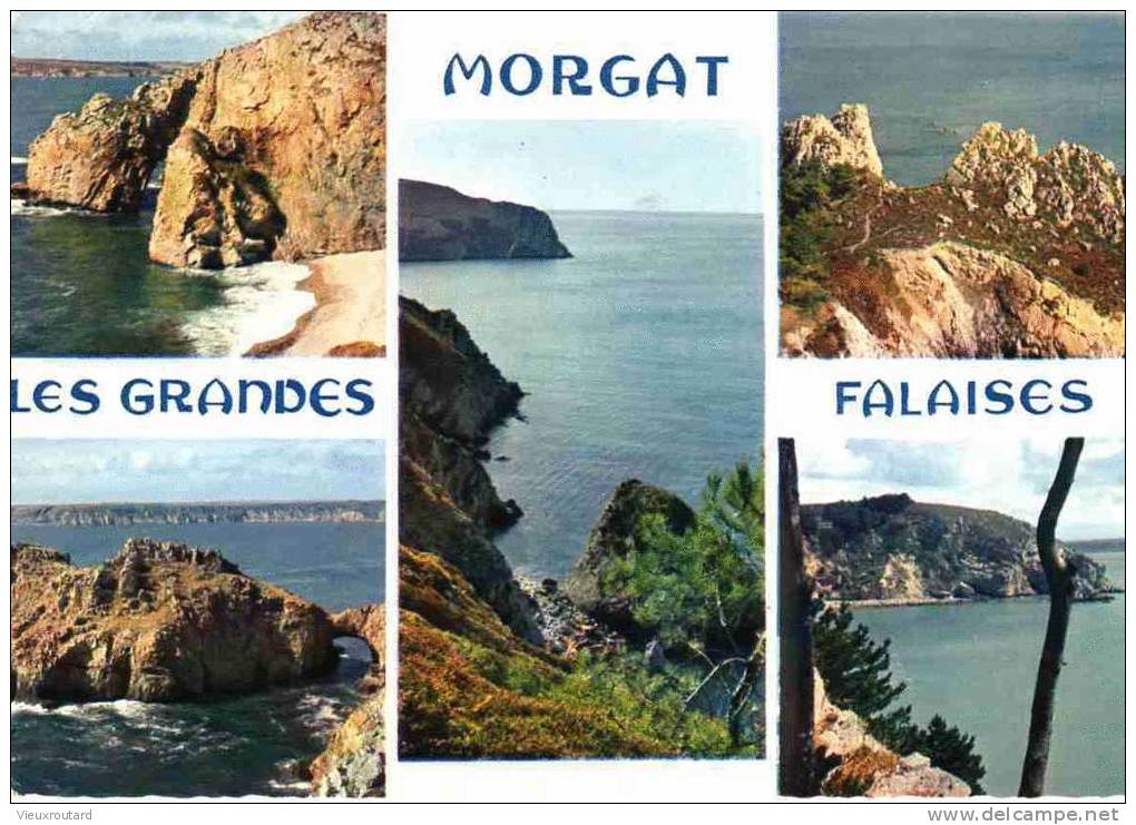 CPSM. MORGAT. GRANDES FALAISES. CHATEAU DE DINAN.FALAISES DU PORZIC.ILE BLANCHE.FALAISES CAP CHEVRE. DATEE 1968.FLAME. - Morgat