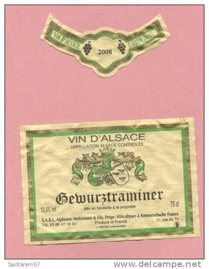 Lot 2 Etiquettes Vin D´Alsace Set Of 2 Wine Labels Rótulos Vinho GEWURZTRAMINER 2008 Ammerschwihr FRANCE - Gewurztraminer