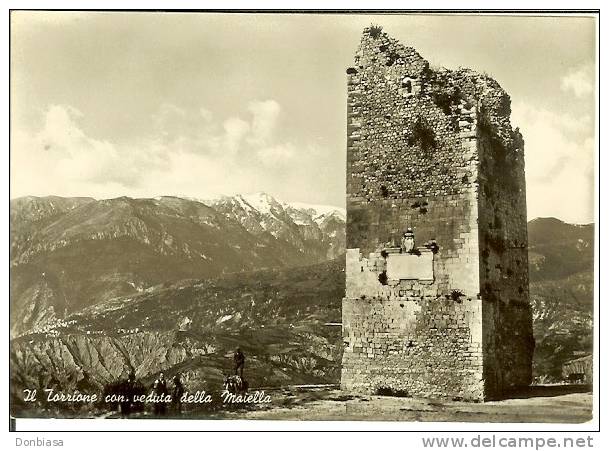 Guardiagrele (Chieti): Il Torrione Con Veduta Della Maiella. Cartolina B/n Anni '50 Animata (pastori Asino) Torre Orsini - Chieti