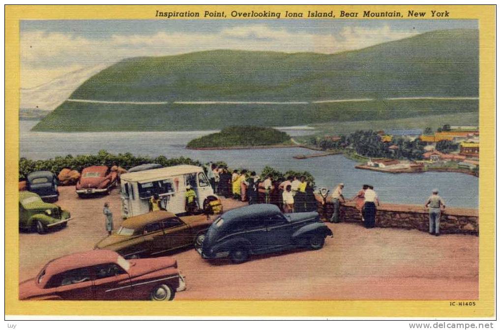 BEAR MOUNTAIN State Park, New York Inspiration Point, Oldtimer Auto Cars, ) Linen Pc,  1930 - 40s - American Roadside