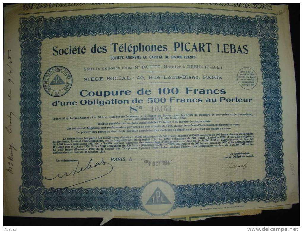 Sté Des Telephones Picard Lebas Paris 1934 Bon état. - Industry