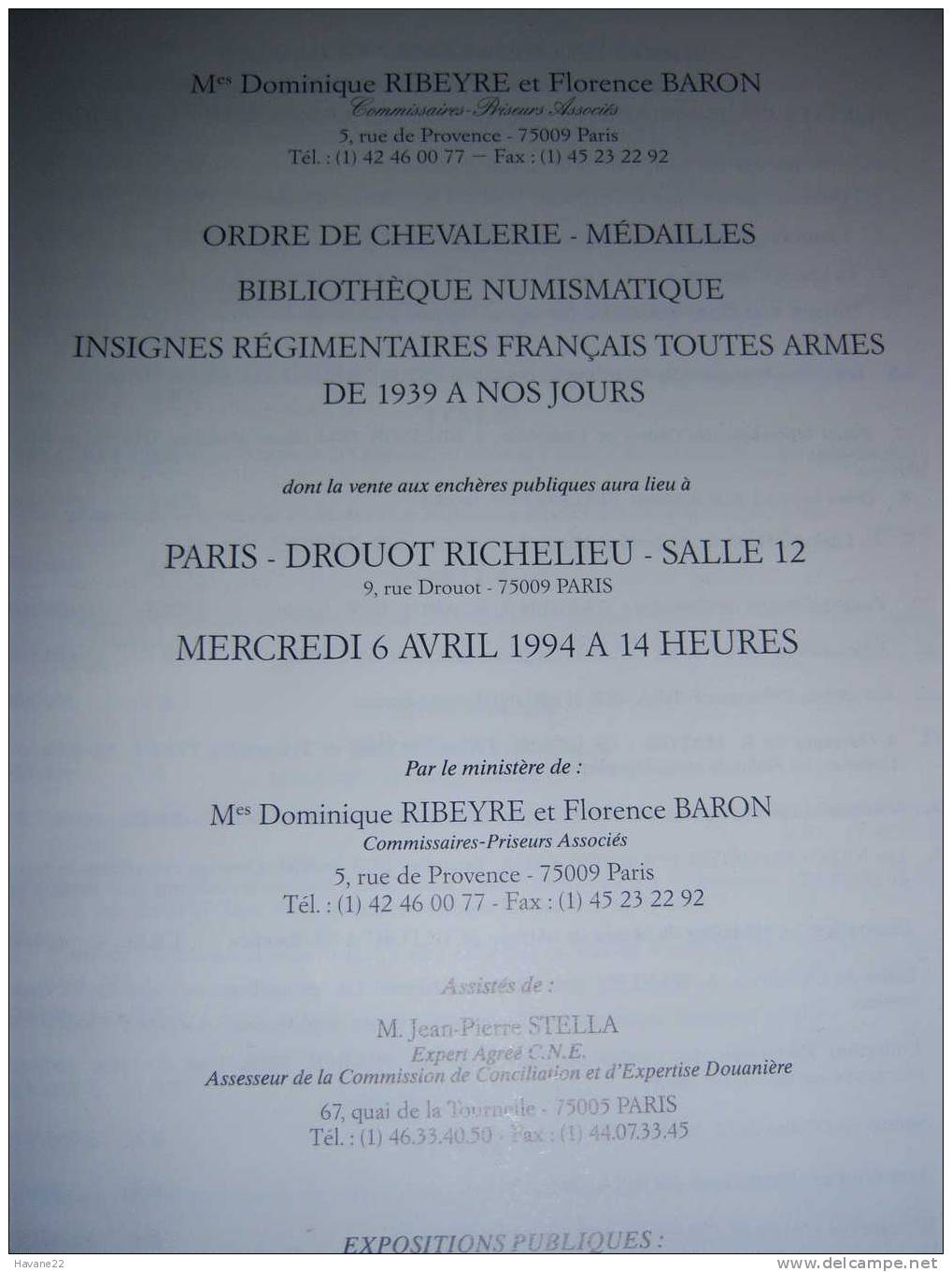 Catalogue Vente MILITARIA 1994 ORDRE DE CHEVALERIE MEDAILLES INSIGNES REGIMENTIERES - Frankrijk