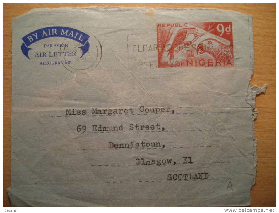 NIGERIA 1970 Yaba Lagos To Glasgow Scotland 9d Parrots Loros Aerograma Air Mail Letter British Area GB UK Africa - Nigeria (1961-...)