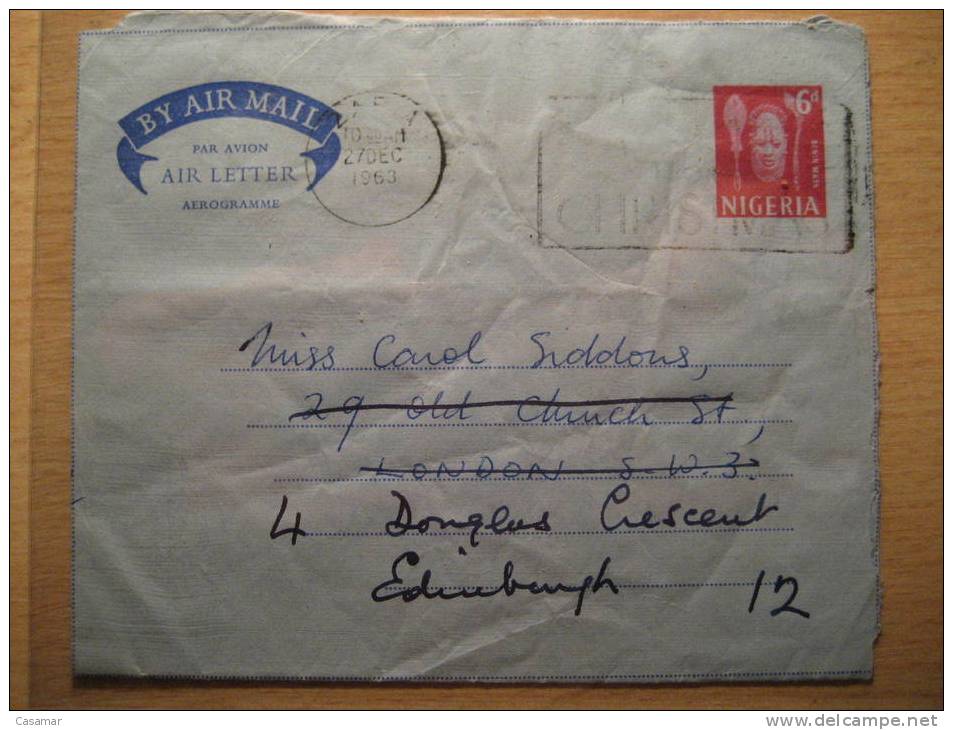 NIGERIA 1963 Zaria To Edinburgh Scotland 6d Benin Mask Aerograma Air Mail Letter British Area GB UK Africa - Nigeria (1961-...)