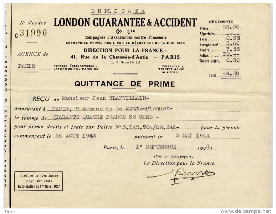 Quittance De Prime London Guarantee & Accident 1944 - Banque & Assurance