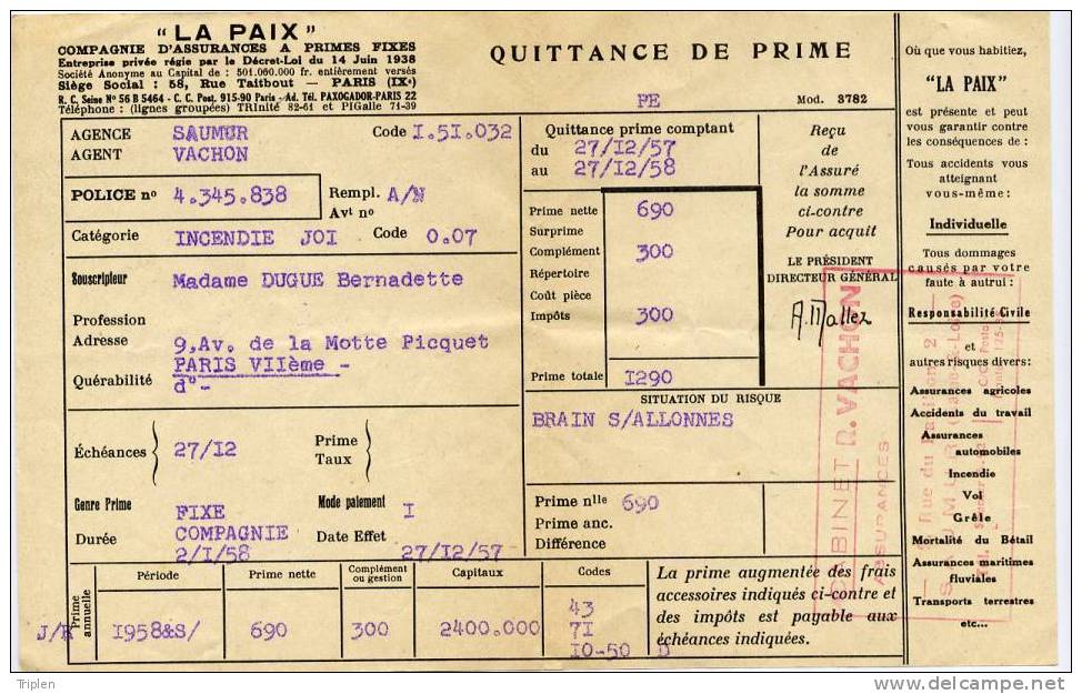 Quittance De Prime La Paix 1957 - Bank En Verzekering