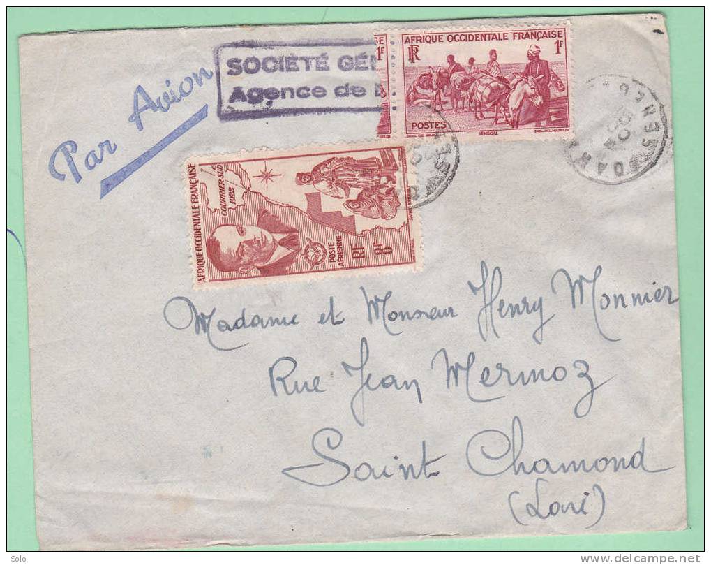 Sur Enveloppe PAR AVION Pour Saint Chamond (Loire) - CAD DAKAR (Sénégal) Sur 2 Isolés A.O.F - Brieven En Documenten